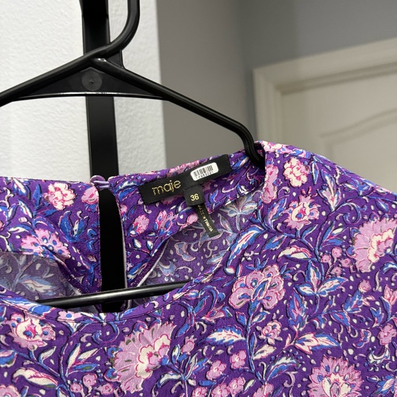 Maje Roleta Purple Floral Ruched Mini Dress Bohemian Cutout - Picture 5 of 10